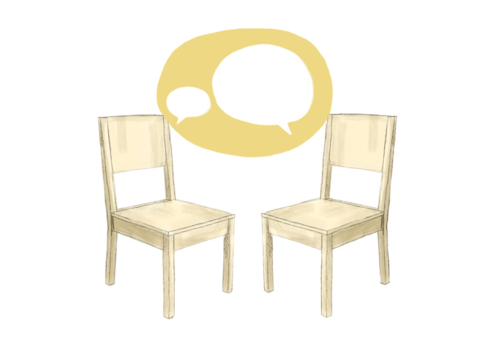 two yellow chairs talking to each other