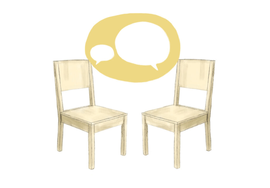 two yellow chairs talking to each other
